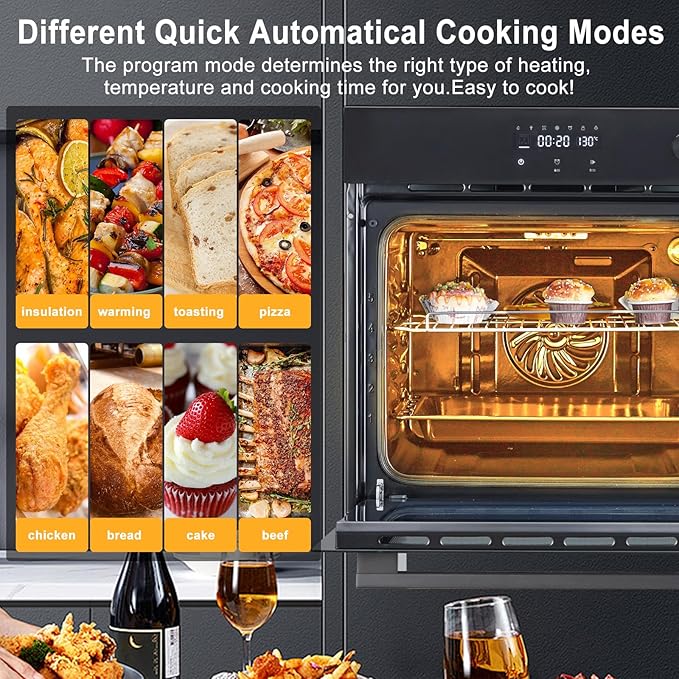 24 Inch Built-in Electric Single Wall Oven,2.5Cu.ft. Stainless Steel Convection Oven with 8 Cooking Functions, Touch Control, Timer, Convection Fan and Safety Lock, 3000W, Black