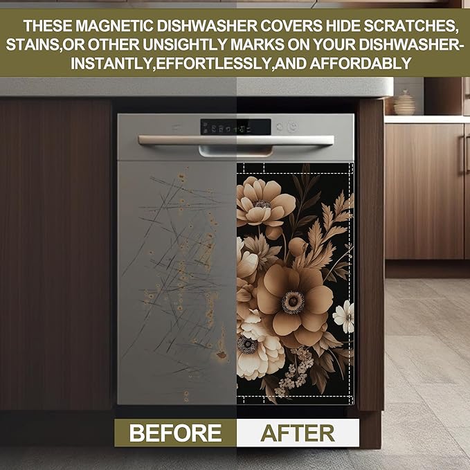 Brown Black Flower Dishwasher Magnet Cover,Artistic Kitchen Decor Waterproof Refrigerator Magnet Appliance Cover Protector,23Wx26H Inches