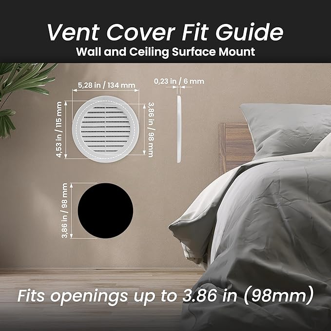Repa Market 4 Inch (Opening) White Round Air Vent Cover - Pack of 5 Plastic Fresh Air Intake Vent - AC Cover with Nylon Mesh Screen - Wall, Ceiling HVAC Return Air Register - Modern Soffit Vents