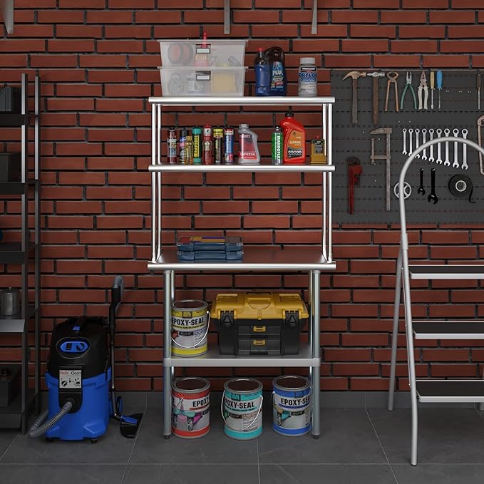 Amgood Stainless Steel Work Table Double Tier Overshelf | NSF (14" x 36" Work Table + 12" Overshelf)
