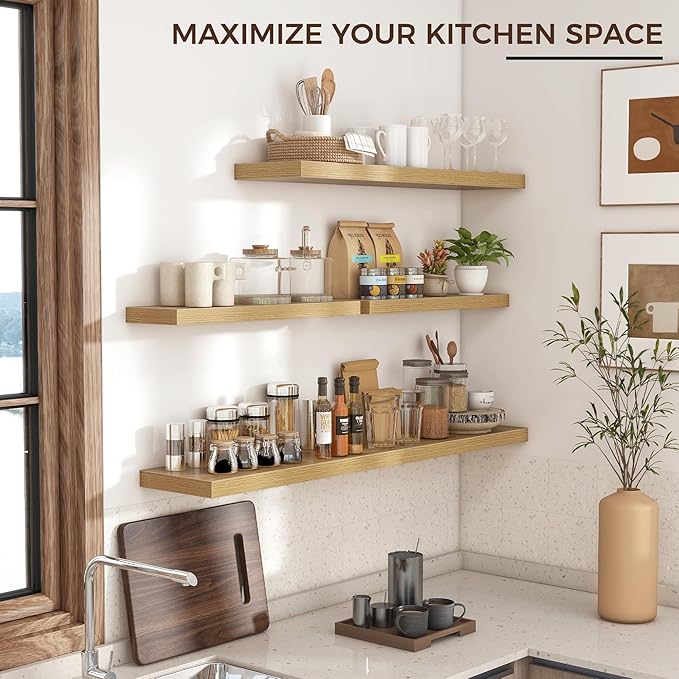 Floating Shelves for Wall 48"W x 9"D x 1.5"H, Long Engineered Wood Wall Shelves with Invisible Brackets for Living Room Bedroom Bathroom Office Kitchen Decor and Storage, Oak Finish, Set of 2