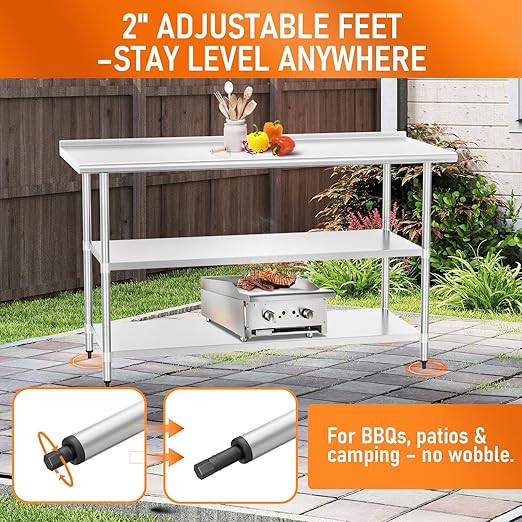 Stainless Steel Table 24" x 60" with 2 Adjustable Undershelves and Backsplash, Commercial Metal Workstations for Kitchen, Garage, Outdoor BBQ