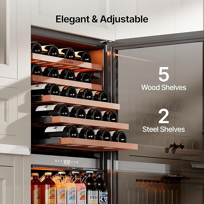 Ca'Lefort 24 Inch Wine Fridge - 112 Can & 40 Bottle Dual Zone Wine Cooler with Glass Door, 34-65°F Quiet Refrigerator with Bottom Drawer 3 LED Light Built-in for Home/Bar/Kitchen Right-Hinged Door