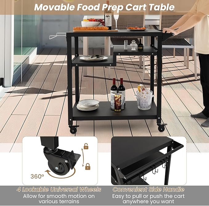 Giantex Outdoor Grill Cart - Pizza Oven Stand Table with Lockable Wheels, Three-Shelf Outdoor Cooking Prep Table with Garbage Bag Holder, Removable Hooks, Movable Dining Cart for Kitchen BBQ Party