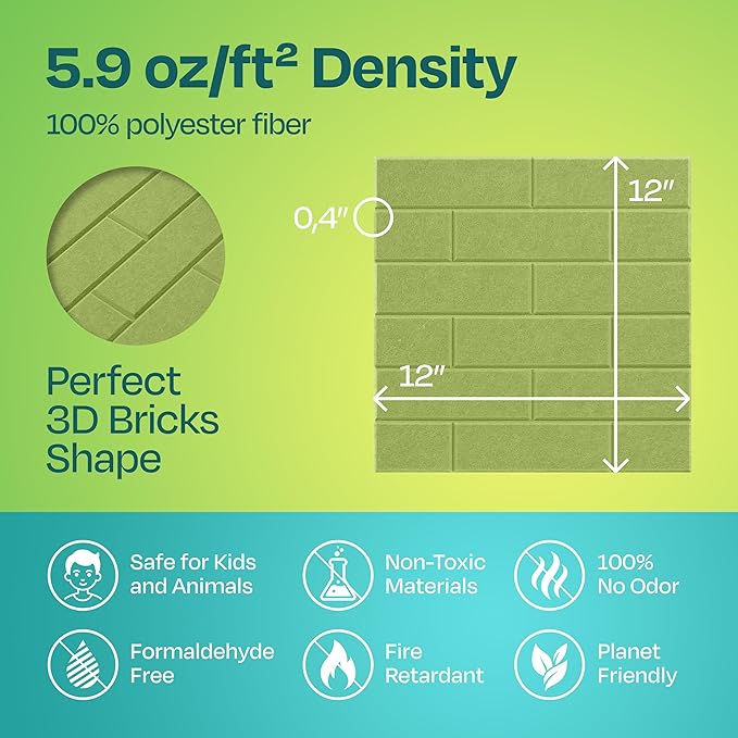 Acoustic Panels 18-Pack Soundproof Wall Panels 12"X12"X0.4" Brick Style Sound Panels Premium Sound Dampening Panels Easy Self Adhesive Installation - [Gin Green]