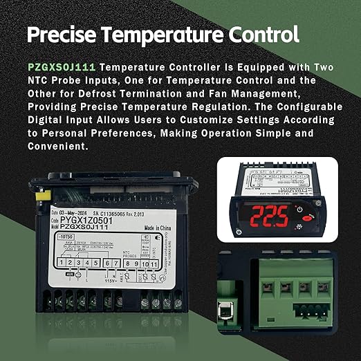 PZGXS0J111 Temperature Controller with 2 NTC Temperature Sensor Probe 115V Refrigeration Cooler Control Fit for Carel and All Refrigerator Types