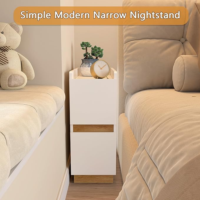 Narrow Night Stands, Modern Slim Nightstand Set of 2, Wooden Skinny Bedside Table 2 Drawers, Stackable Narrow Side Table with Drawers for Small Spaces, Bedroom, Living Room, White