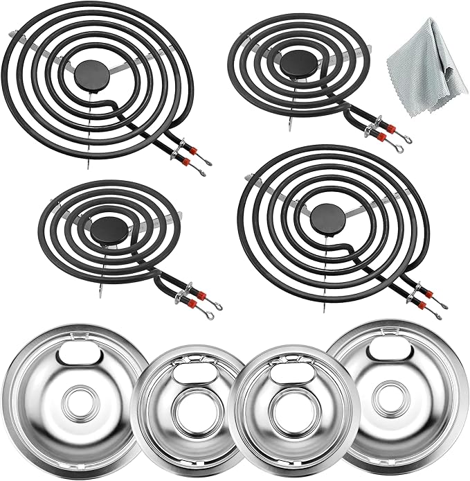 MP22YA Electric Range Burner Element & W10290350 W10290353 Silver Drip Pans for Electric Stove by Fetechmate, 6-Inch & 8-Inch& Chrome Drip Pan with Burner Element Fit for Ama-na Whirl-pool Stove Top