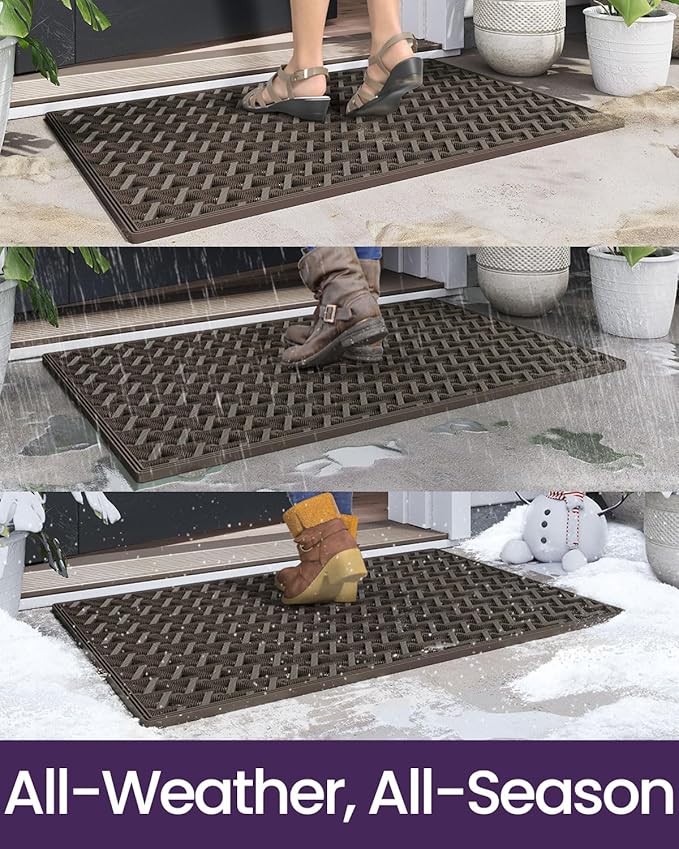 DEXI Front Door Mat Outside Entrance Rubber 19x30, Welcome Floor Doormat Heavy Duty Non Slip, Dirt Trapper Waterproof Exterior Entry Mats All Weather for Patio Entryway Drainage, Brown