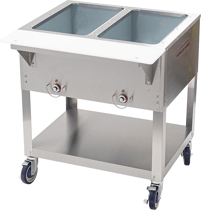 Kratos Commercial Mobile Electric Steam Table/Hot Food Table, 2 Wells, Stainless Steel, NSF 120V (28W-196)