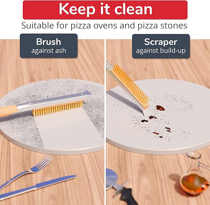 22” Pizza Oven Brush with Stone Scraper - Heat Resistant Stainless Steel Bristles, Extra Long Handle - Universal Fit for Most Pizza Ovens