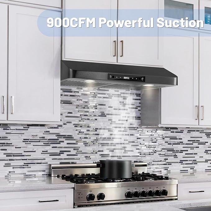 Range Hood 30 inch Under Cabinet, 900CFM Black Kitchen Vent Hood, Permanent Baffle Filters，Top and Rear Vents