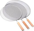 3 Pieces Grease Splatter Screen for Frying Pan, Splatter Guard Mesh Stainless Steel Grease Guard Shield for Kitchen Frying Pan Cooking Supplies Set of 9.44", 10.8" and 12.5" inch (Wood Handle)