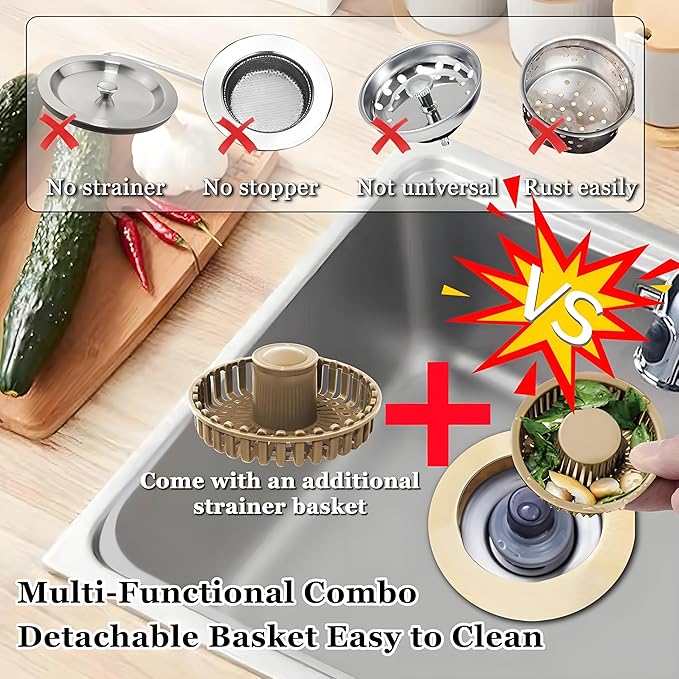 3 in 1 Kitchen Sink Stopper, Pop Up Kitchen Sink Drain Strainer, with an Extra Basket Strainer, Kitchen Sink Drain Stopper for US Standard 3-1/2 Inch, Brass Material Electroplate Gold,Easy to Clean