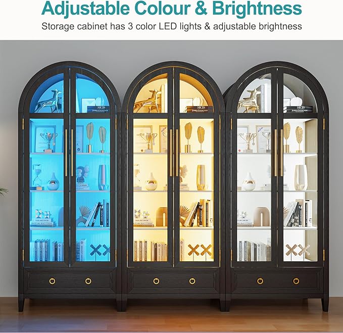 Lvifur 73" Tall Arched Display Cabinet with Glass Doors,4-Tier Curio Cabinets with 3 Color Lights for Collectibles,LED Storage Cabinet with Human Body Sensor,Ajustable Shelf for Toys, Books,Black