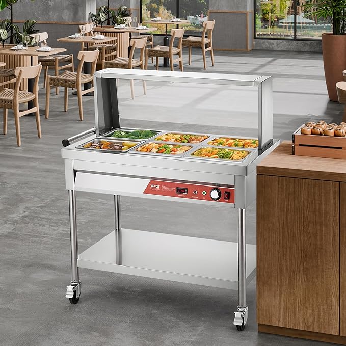 VEVOR 6-Pan Commercial Food Warmer, 6 x 1/2 Pans Electric Steam Table, 1500W Professional Buffet Catering Food Warmer with Shield Undershelf Wheels, Stainless Steel Server for Party Restaurant