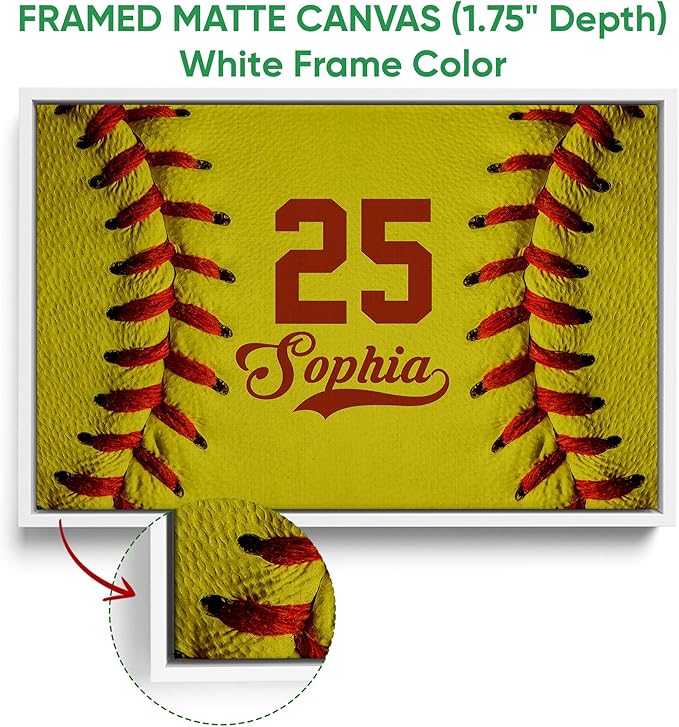 Personalized Softball Poster & Framed Canvas - Close Up Of Softball Ball Home Office Decor, Custom Name Number Bedroom Living Room Aesthetic Wall Art Gift For Daughter Girl, Women