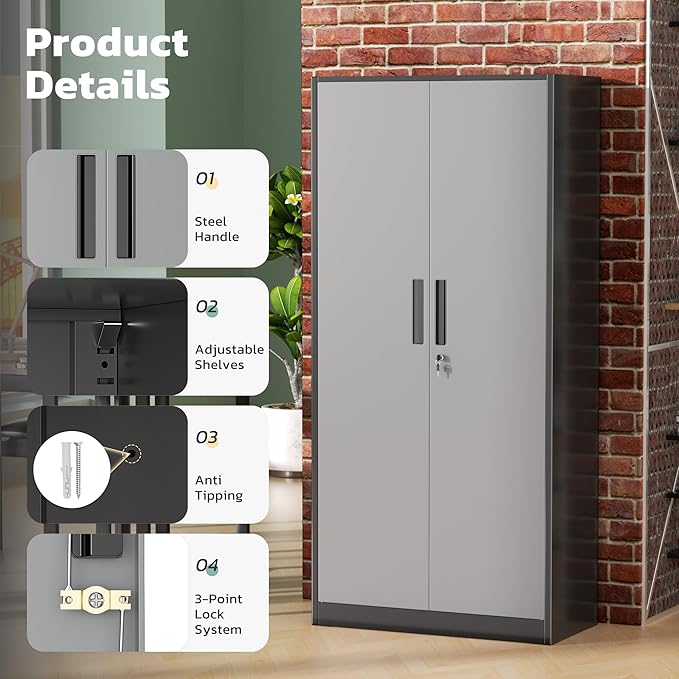 Greenvelly Metal Garage Storage Cabinet with 2 Doors and 4 Adjustable Shelves, 72”H Steel Lockable Storage Cabinet,Tall Metal Cabinet Locking File Cabinet for Office,Home, Garage, Gym, School