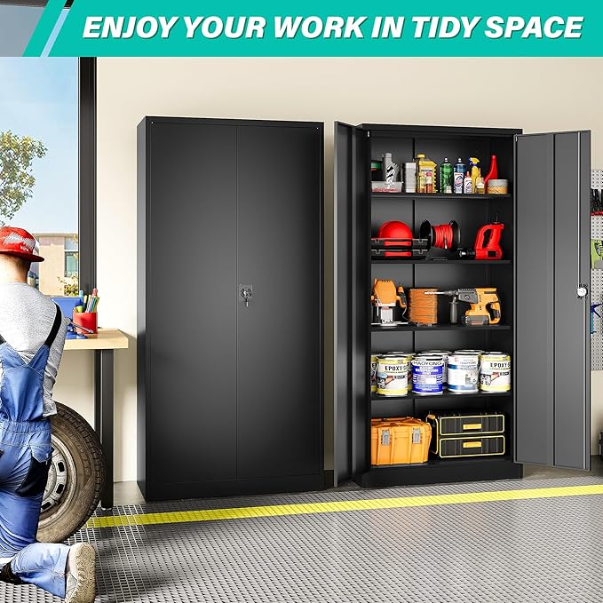 SISESOL Wide & Deep Metal Storage Cabinet with Lock & 5 Shelves,72" Black Garage Storage Cabinet with Locking Doors,Lockable Cabinets for Home,Office,Garage,Shop,Basement 72x36x18