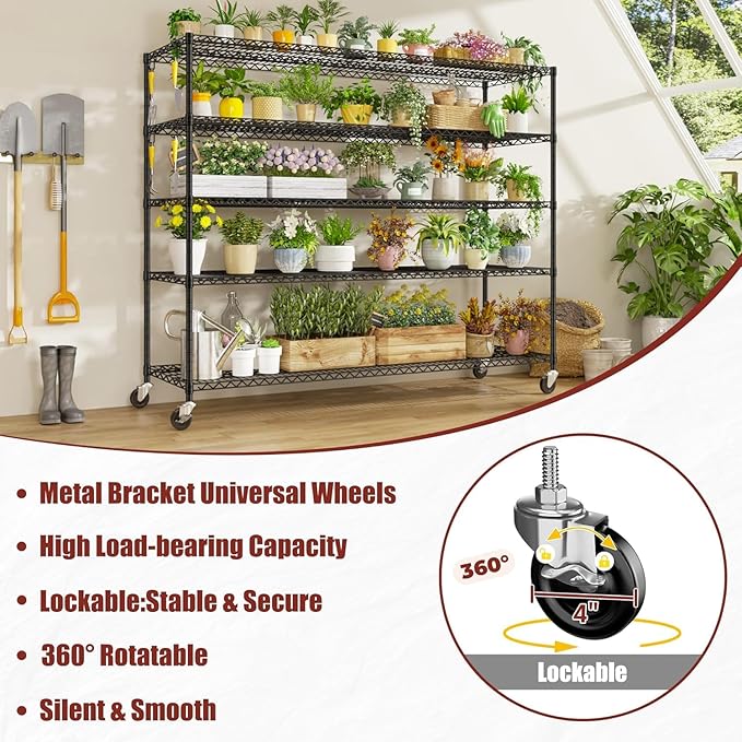 PrimeZone 5 Tier 80.7" H x 55.5" W x 24" D Wire Shelving with Wheels 3000lbs NSF Certified Storage Shelves Heavy Duty Metal Shelf Adjustable Rolling Rack Commercial Garage Restaurant Warehouse 6Pack