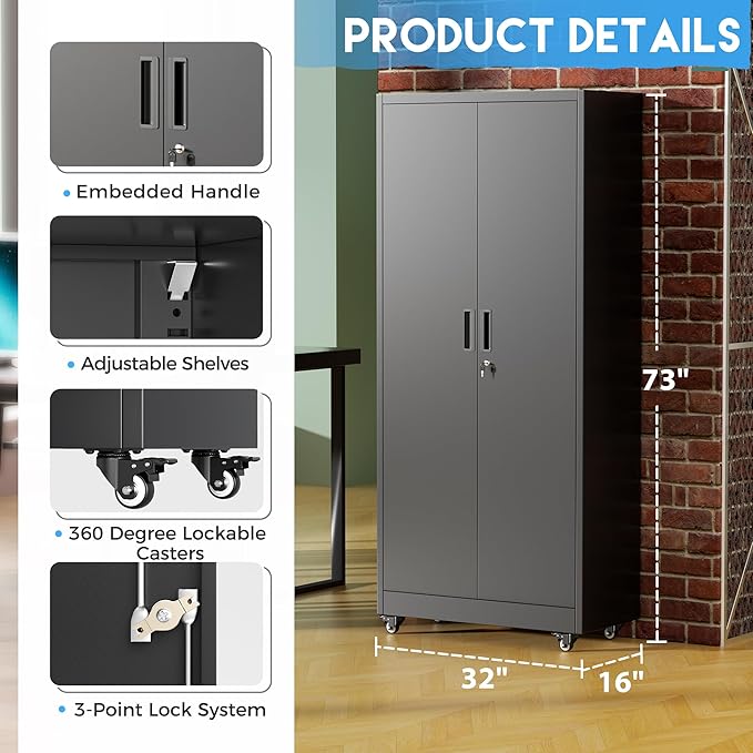 Greenvelly Metal Storage Cabinet with Wheels, 73” Black Metal Rolling Garage Cabinet with 2 Door and Adjustable Shelves,Locking Storage Cabinets for Garage Home Office Utility Room