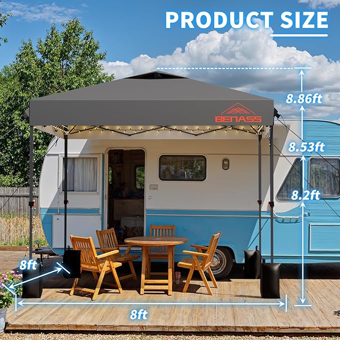 8x8 Pop Up Canopy, Easy Up Canopy Tent, Heavy Duty Tents for Parties, One Person Set Up Event Tent, Light Grey