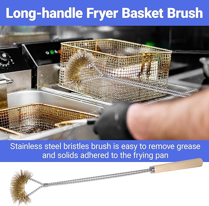 3 PCS Fryer Cleaning Tools with Deep Fryer Brass L-Shaped Brush, Deep Fryer Cleanout Rod, Long Handle Deep Basket Brush for Restaurants, Air Fryers, Deep Fat Fryers