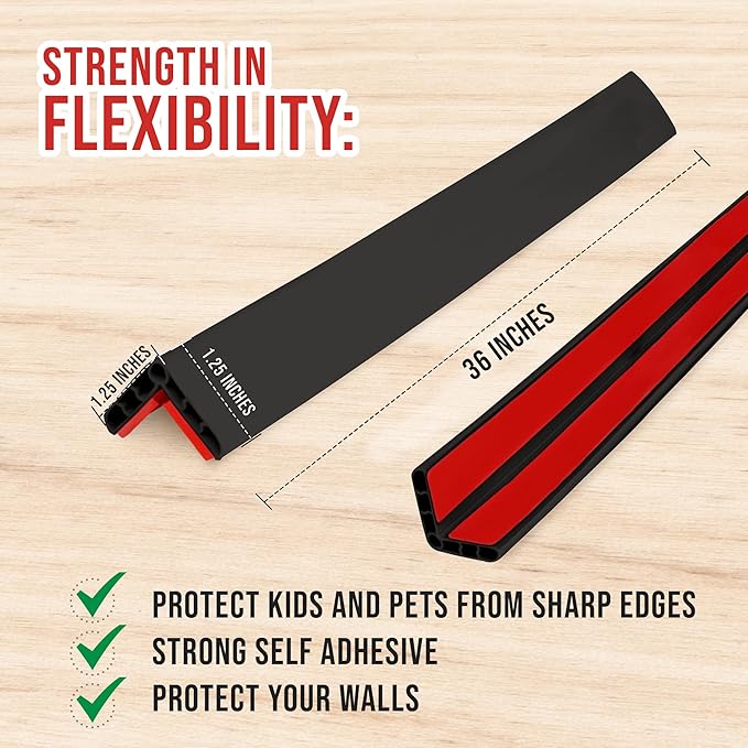 Rubber Bond Wall Corner Guard Edge Protector, 1x1x36 inch Baby Proofing Corner Guards | Self-Adhesive Furniture Edge Strips for Home & Office (5 Pack, Black)