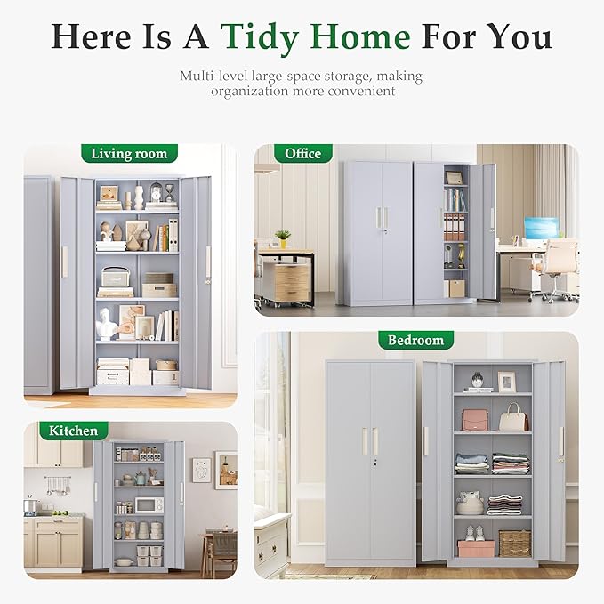 Crownland 63" Metal Storage Cabinet, Lockable Garage Storage Cabinets, High Office Cabinet with Adjustable Shelves for Garage, Home Office, Pantry, File(Cement Grey)