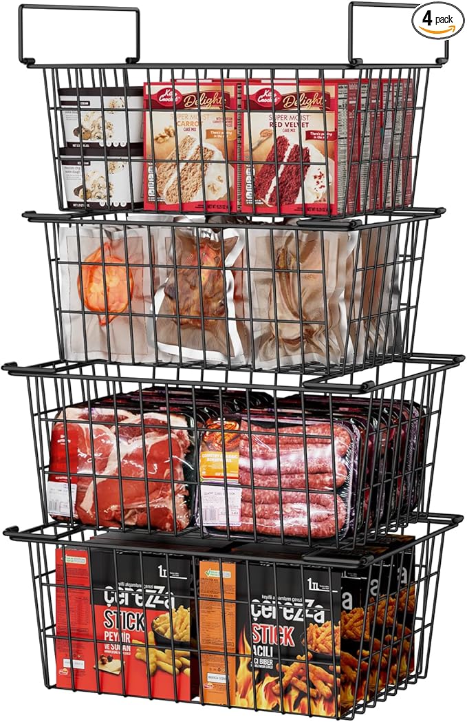 Orgneas Freezer Organizer Bins, 4 Pcs Stacking Chest Freezer Baskets for 7.0 Cu.Ft Deep Freezer Add Space Sort Store Frozen Food, Easy Reach From Bottom Freezer Storage Baskets with Large Capacity