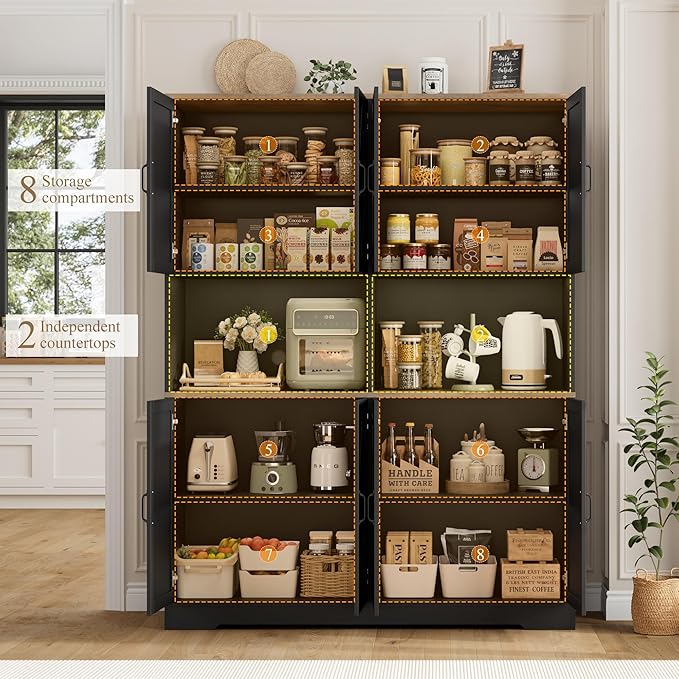 HOSTACK 71" Tall Pantry Cabinet, 55" Wide Kitchen Pantry Storage Cabinet, Large Kitchen Hutch with 2 Microwave Stands, Farmhouse Coffee Bar Station with Doors and Shelves for Dining Room, Black