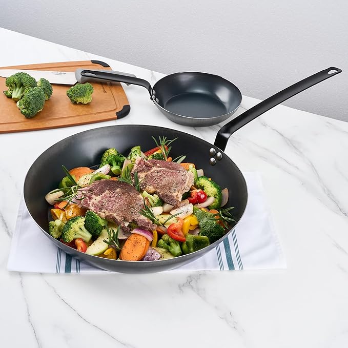 Restaurantware-Met Lux 16 Inch Fry Pan, 1 Lightweight Frying Pan - Induction-Ready, Triple-Riveted, Black Carbon Steel Cooking Skillet, Durable, For Searing, Sauteing, And Browning Food