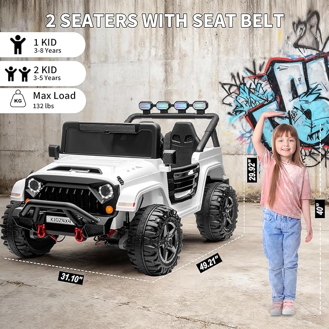 Kids 24v 2-Seater Electric Ride on Car,24v 4x4 Kids Electric Truck with Remote Control,2-Seater Ride-on Car, Spring Suspension & LED Lights for Backyard Exploration