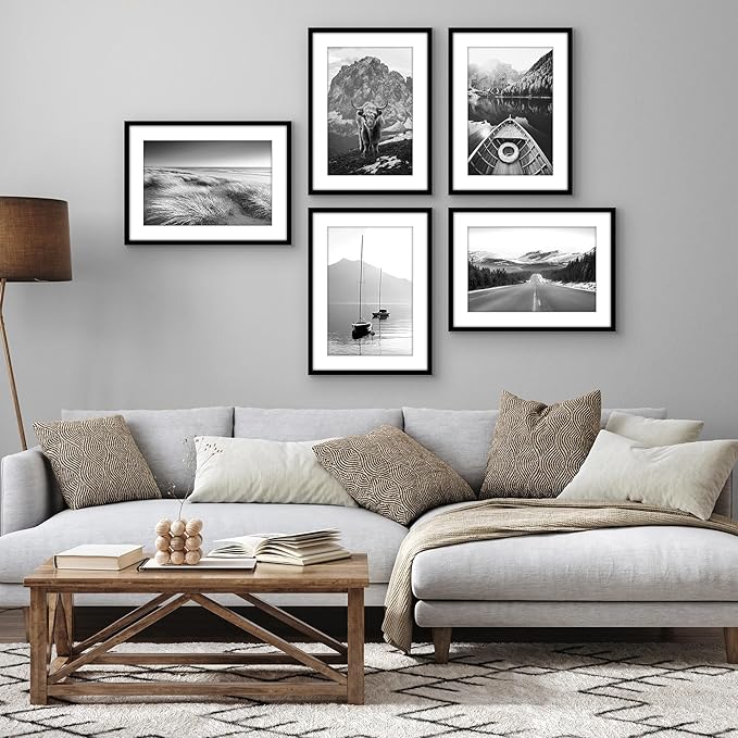Americanflat 16x22 Picture Frame with Polished Plexiglass - Set of 5 - Use as 12x18 Frame with Mat or Display 16x22 Photo Without Mat - Galleria Collection - Picture Frames for Wall Display - Black