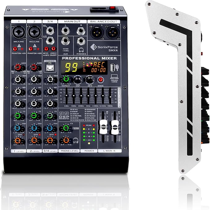 4 Channel Audio Mixer, 99 DSP Sound Board Console with 48V Phantom Power, Professional DJ Mixer for Podcasting, Streaming, Studio Recording (SMX4)