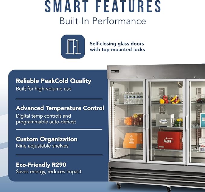 PEAKCOLD 3 Glass Door Commercial Refrigerator - 72 Cubic Ft, 81" Wide Stainless Steel Reach-In Commercial Refrigerator with White Internal Lighting - Freestanding Industrial Fridge