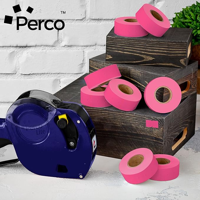 Perco 1 Line Fluorescent Pink Labels - 32 Rolls, 4 Sleeves, 32,000 Blank Price and Date Gun Labels for Perco Lite, X, Plus and Pro 1 Line Price and Date Guns - Made in USA