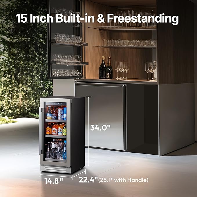 Ca'Lefort 15 Inch Beverage Refrigerator - 100 Can Small Beverage Fridge, Drink Fridge Glass Door 3 LED 34°F -54°F Beverage Cooler Built-in or Freestanding, Perfect for Home/Kitchen(3.0 cu.ft)