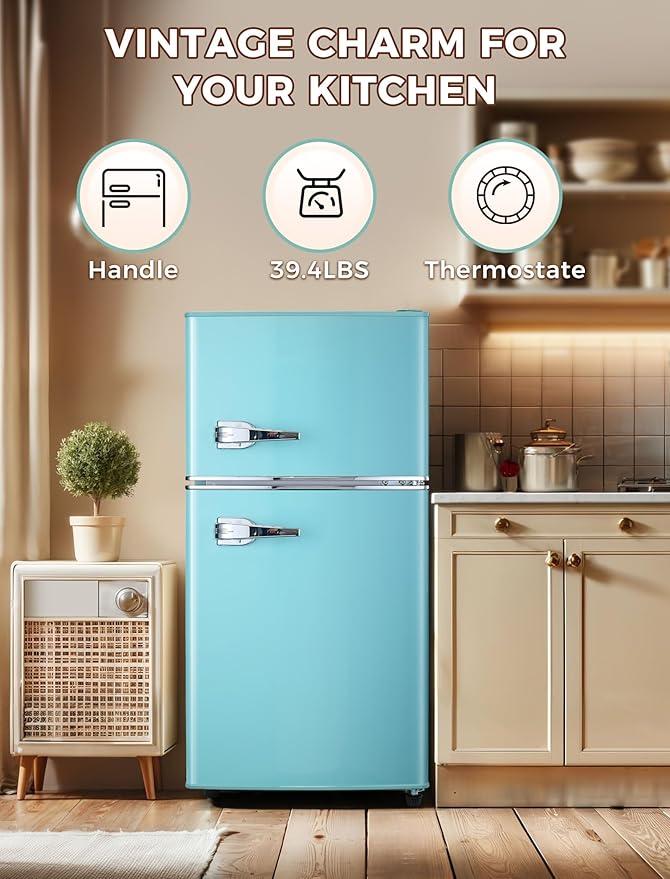 3.2 Cu.Ft Fridge with Freezer with 2 Doors, Refrigerator with 7 Level Temperatures, LED Light, Adjustable Shelves, Food Storage Cooling Drink for Bedroom, Office, Dorm, Apartment, Blue