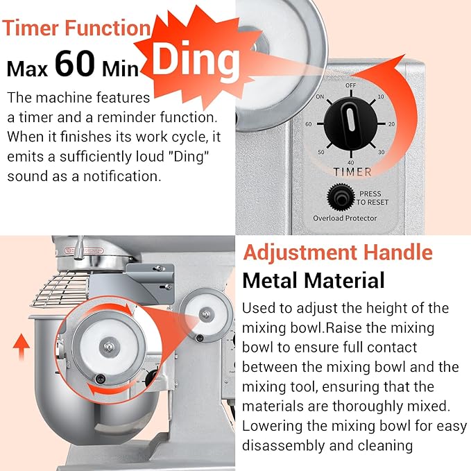 20QT Commercial Planetary Stand Mixer, Heavy Duty Dough Mixer with 60-Min Timer & Splatter Guard, 3 Speeds for Kneading, Creaming, Whipping, for Bakery, Pizzeria, Restaurant