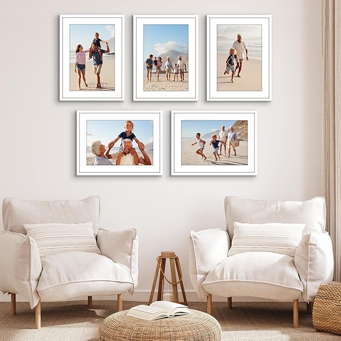 Americanflat 17x23 Picture Frame with Polished Plexiglass - Set of 5 - Use as 13x19 Frame with Mat or Display 17x23 Photo Without Mat - Galleria Collection - Picture Frames for Wall Display - White