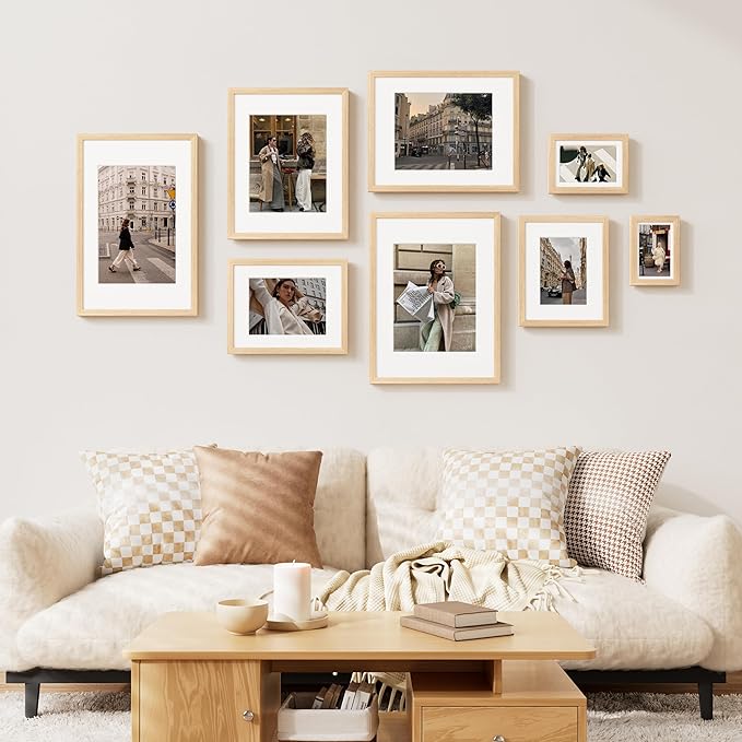 Vittanly 11x17 Picture Frame Set of 2, Solid Wood Frame for Wall Art Photo and Prints, Display Photo 8x12 with Mat or 11x17 without Mat, Natural