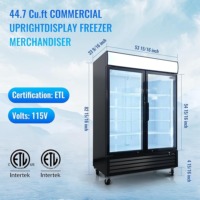 mikibama Glass Door Merchandiser Freezer, 44.7 Cu.ft Swing Door Commercial Reach-In Display Refrigerator with LED Top Panel Upright Freeze Storage, Double Cabinet, Black