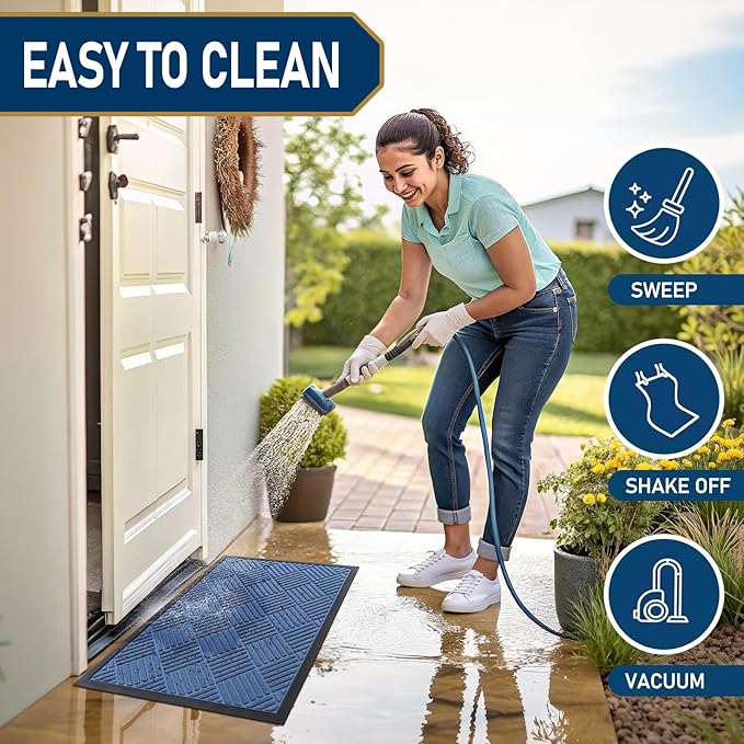 Smiry Front Door Mat Outside Entrance, Heavy Duty Outdoor Indoor Natural Rubber Doormat, Non Slip, Trap Dirt and Moisture, Easy Clean, Low Profile Patio Porch Entryway Mat, 35x23, Blue