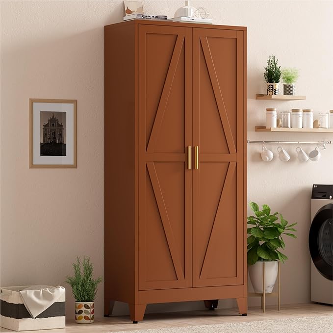 Brown Metal Storage Cabinet,71" Tall Farmhouse Storage Cabinets with 2 Morden Rhombus Doors and 4 Adjustable Shelves, Rustic Freestanding Cupboard for Kitchen,Home Office Living Room,Dining Room