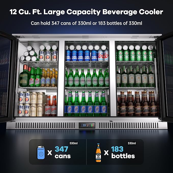 Coolski 53 Inch Beverage Refrigerator with 3 Doors, Commercial Back Bar Cooler for Beer Soda, Undercounter Display Fridge for Bar Restaurant Home, 12 Cu.Ft. LED Lighting ETL NSF Approved