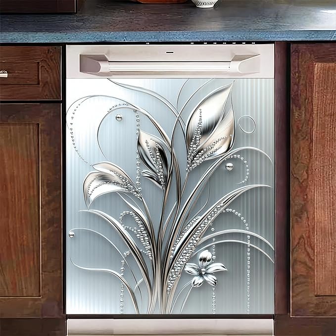 Grey Metal Silver Flower Leaf Pattern Magnetic Dishwasher Cover Sheet Polishing Dishwasher Skin Decor Anti-Scratch Kitchen Decorative Magnetic Stickers Fridge Refrigerator Panel 23x26 Inch