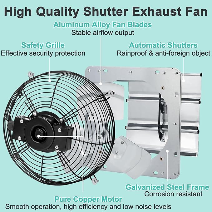 7 Inch Shutter Exhaust Fan with Speed Controller and Power Cord, Wall Mount Attic Fan for Greenhouses, Sheds, Garages, Chicken Coops, Barns Ventilation, 760 CFM