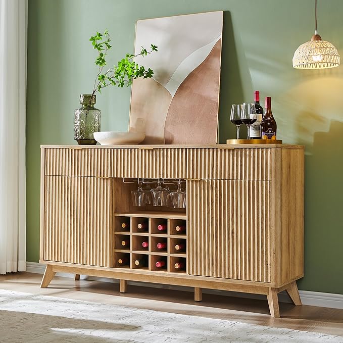 OKD 60" Fluted Buffet Cabinet with Storage - 3 Drawers and 2 Doors, Mordern Wine & Coffee Bar Cabinet with Wine and Glass Racks, Sideboard with Adjustable Shelves for Kitchen, Dining Room,Natural Oak | for Liquor, w/Wine & Glass Rack, 3 Storage Drawers...