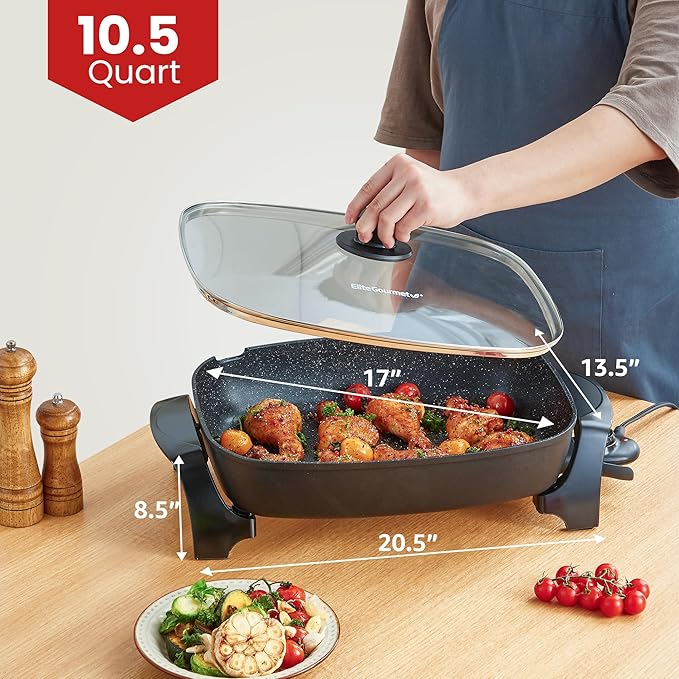 Elite Gourmet EG6203 Extra Deep 16"x13"x3.2" (10.5Qt.) Scratch Resistant, Easy Pour Spout, Dishwasher Safe, Non-stick Electric Skillet with Vented Glass Lid, Adjustable Temperature, Black